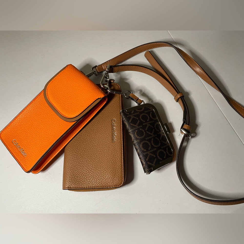 Calvin Klein Orange and Brown wallet, phone case, pouch Trio